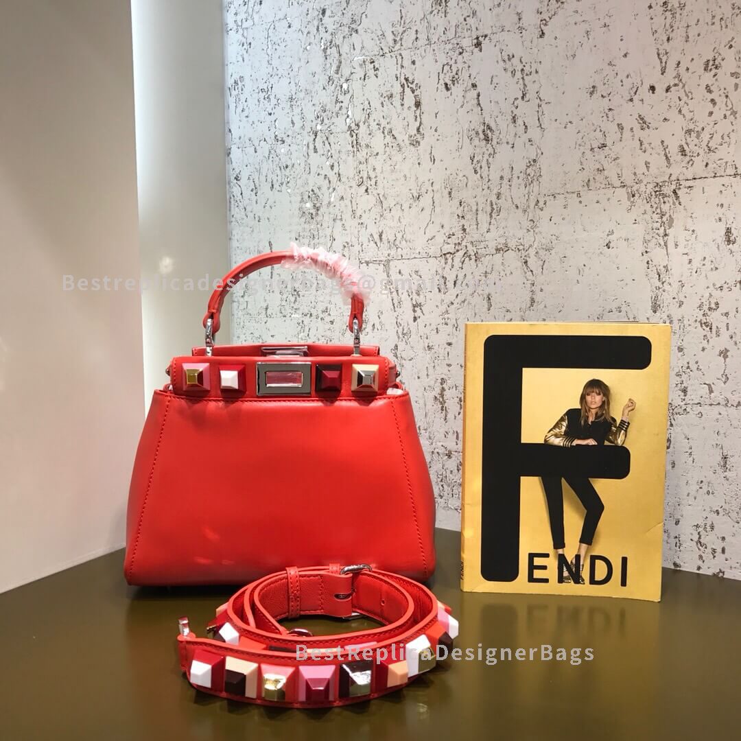 Fendi Peekaboo Iconic Mini Red Sheepskin Studs Bag 2107BS